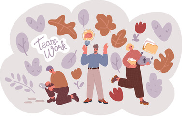 Vector illustration of office employees managing data base and file archive on computer. Server searching for documents in database an with bulb, women with spy glass and cloud over.