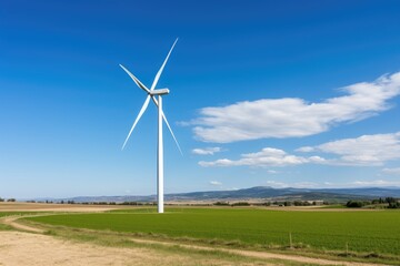 Wind turbine against a background of wide fields and clear blue sky, representing renewable energy