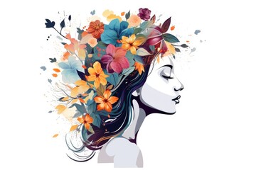 woman head blooming mental health concept on white