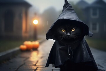 black halloween cat in witch costume outdoor in autumn