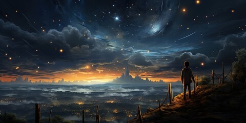 A brave girl standing on top of a hill and watching the shooting stars