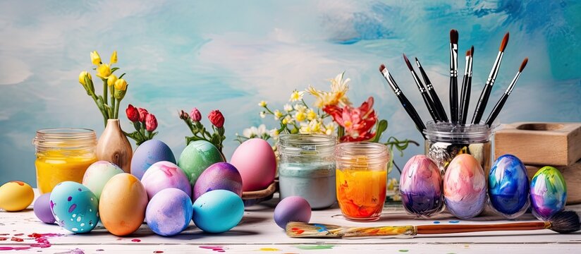 Easter egg coloring supplies on table view box cups plate brushes