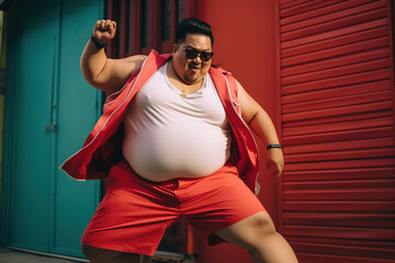 Plus size overweight Asian man dancing in style of hip hop