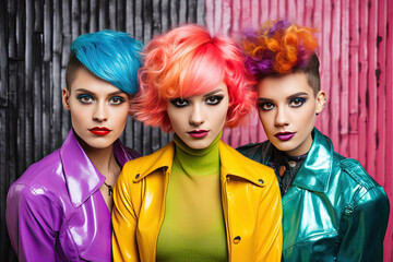 A creative portrait of girls with colorful hair in a retro style, reminiscent of pop art and kitschy fashion, showcasing an unusual and artistic expression of beauty.