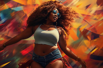 Young plus size black woman dancing in style of hip hop aesthetics, pop art