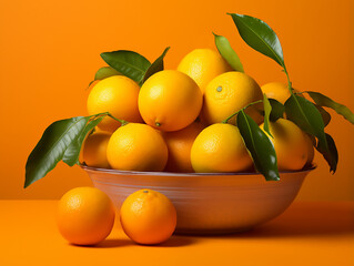 Many oranges in a metal bowl on an orange background along with leaves. Juicy beautiful oranges.