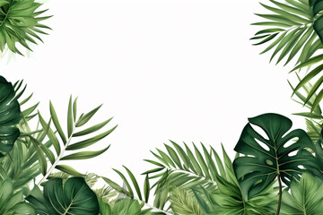 green tropical palm leaf branches on white background. flat lay, top view
