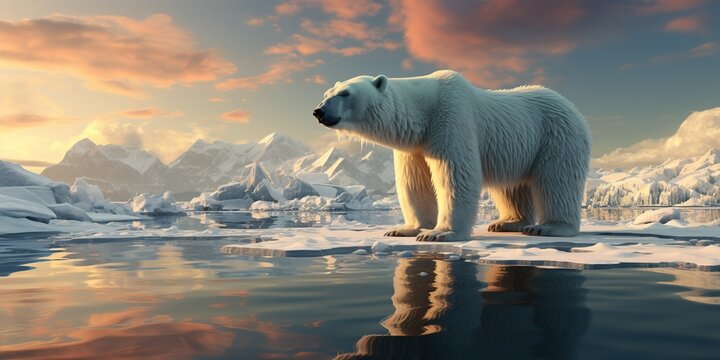 The polar bear walks on the ice against the backdrop of snowy mountains, the North Pole and the bear