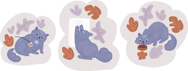 Vector illustration of Fat tabby cat is playing, pushing with a paw slow feeder ball with dry food inside, trying to take out a crunch. Playful kitty having fun with a challenging toy.