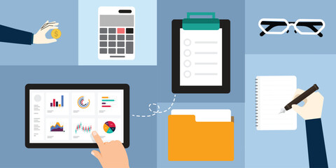 Business illustrations. Concept of digital analysis, business management, and banking.