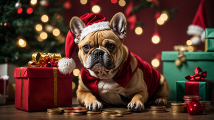 French bulldog with Santa hat and gift coins with colored background