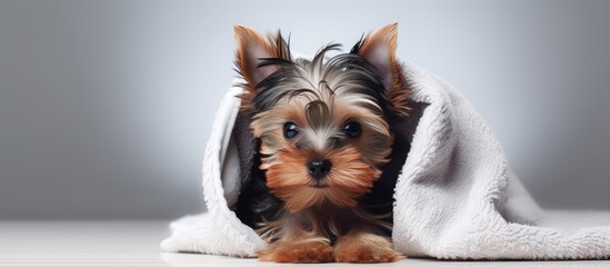 Tiny yorkie pup wrapped in towel post bath - obrazy, fototapety, plakaty