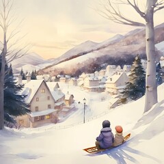 children sledding village in the distance wide perspective very realistic winter mountains with snow joy smile on the face watercolor line drawing stydioghibli style 8k 