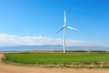Fototapeta premium Wind turbine against a background of wide fields and clear blue sky, representing renewable energy