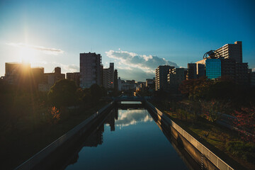 sunset on city and river, Tokyo, Japan