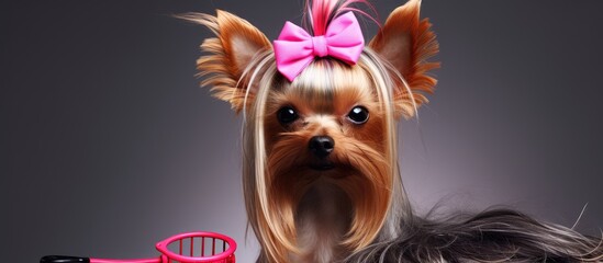Stylish haircut for a Yorkshire Terrier in closeup portrait