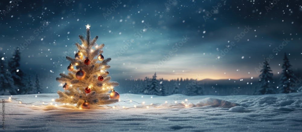 Wall mural Christmas tree in snowy outdoor setting with lights