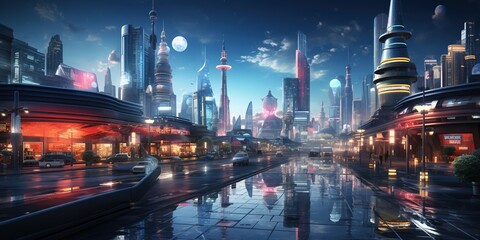 Billboards on a futuristic city scene at night. Concept art with a futuristic vision of advertising