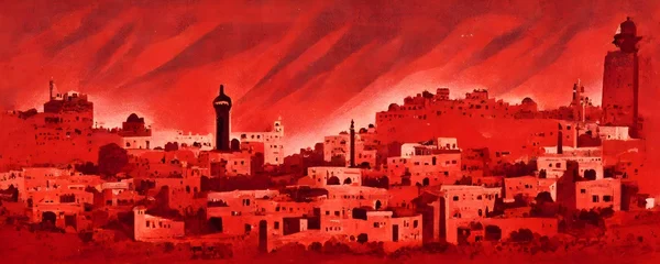 Gordijnen Anti imperialist PFLP palestine communist propaganda poster of an Arab city red  © Susan