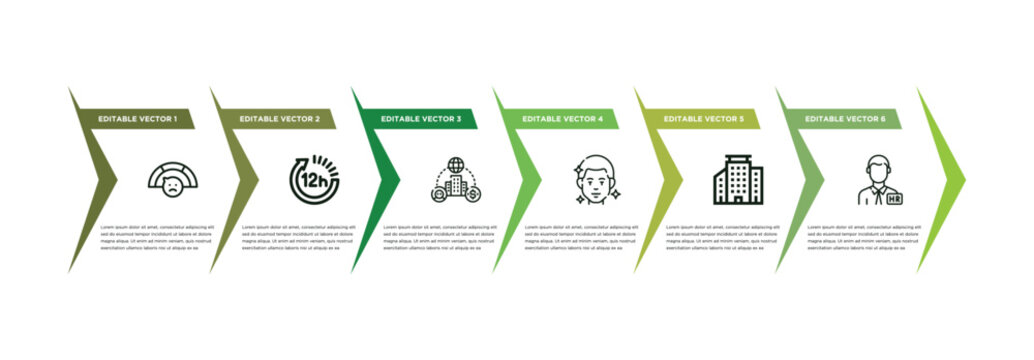 Grievance, 12 Hours, Company Structure, Language, Multitask, Human Resources Outline Icons. Editable Vector From Human Resources Concept. Infographic Template.