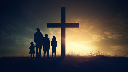 Silhouette, family and Christian cross for praying, religion and funeral social gathering - obrazy, fototapety, plakaty