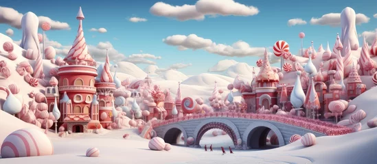 Fotobehang Winter wonderland depicted in a with colorful cartoon amusement park and candy land augmented by dazzling starburst effects © AkuAku