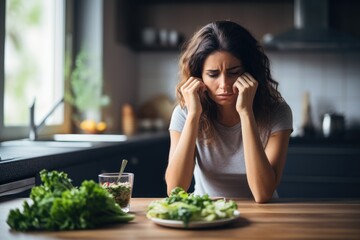 Woman with a plate of green salad on table in kitchen is depressed during dieting. The concept of negative consequences of a strict diet