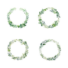 set of watercolor round flower frame illustrations, template wedding invitation card 