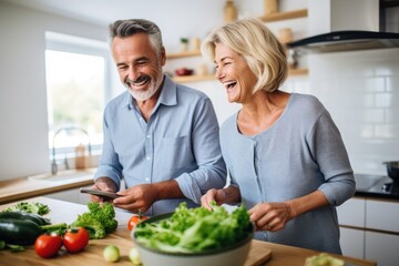 mature couple cooking in kitchen, using recipe from mobile app on phone