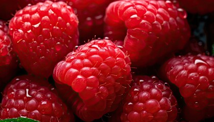 Raspberries background with glistening droplets of water. Top down view.