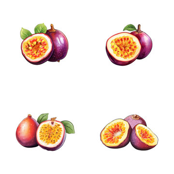 set of watercolor passion fruit illustrations with leaves isolated