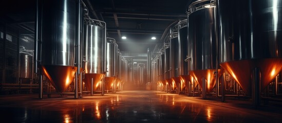 Contemporary brewery with illuminated steel tanks for fermenting and aging beer