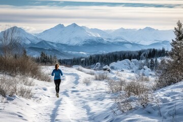 Fototapeta na wymiar a young woman running through a snowy