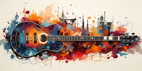 An abstract music-themed design on a white background, featuring neon-colored musical instruments with a prominent guitar.