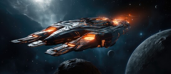 Naklejka premium Futuristic spaceship exploring the vast universe with galaxies and nebulae