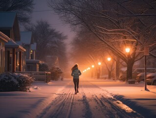 a young woman running through a snowy