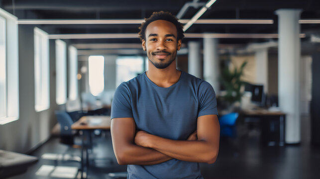 Portrait Of Creative Poc Man At Work Wearing A Blue Tshirt And Jeans Smiling To Camera In Casual Office	