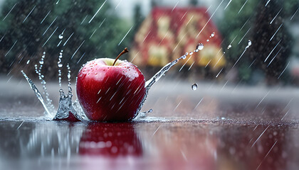 Roter Apfel im Regen mit Wassertropfen - obrazy, fototapety, plakaty