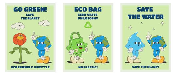 set of posters"Save the planet, Eco bag, zero waste, go green, save water.Vector illustration with the concept of environmental protection with cartoon characters earth,bag,flower,drop in retro style