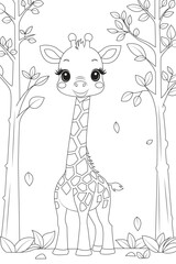 Coloring page a baby giraffe reaching for leaves on a tall tree