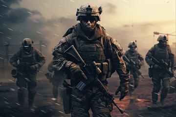 Modern Warfare - Soldiers on the Move. Military Action Scene for Army and Armed Forces - obrazy, fototapety, plakaty