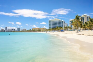 Paradise Found in Bahamas: Scenic View of Idyllic Beach at Nassau with White Sand Coastline and...