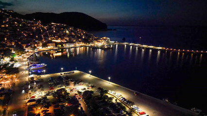 Aerial view of Skopelos Town at night, Greece