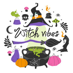 Halloween illustrated set of vector elements. Witch vibes lettering. Items of the sorceress, cauldron with potion, pumpkins, candles, spider, broom, skull. Elements of magic.