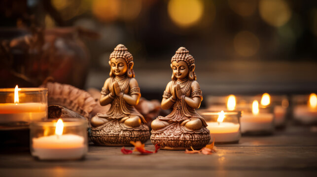 Close-up of buddha statues and candles. Meditation, religion concept.