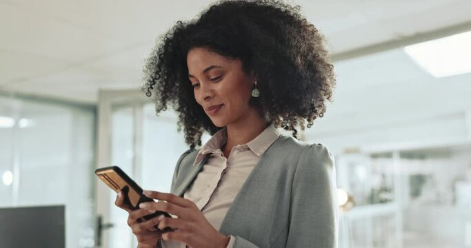 Happy woman, phone and typing in office for social network, mobile chat and digital contact. Business employee scroll on cellphone, reading news and search media for information, download app or text