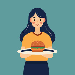 Girl with the burger tray. Happy Girl with dark hair carrying a tray of fast food. Harmful delicious food. Delicious sandwich on a platter. Junk food. Flat vector illustration.