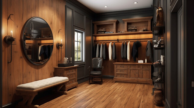 Luxury dressing room for man, 3d render.  Luxury men's dressing room from dark wood in classic style. Modern male dressing room with dark furniture and pouf.  AI generated  design interior.