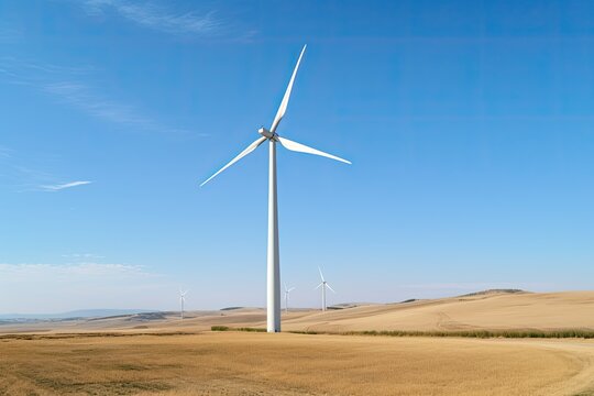 Wind turbine against a background of wide fields and clear blue sky, representing renewable energy