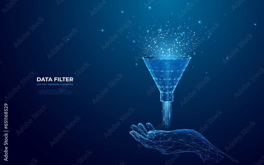 Poster Abstract digital hand holding a hologram of funnel. Big data concept. Technology data filter. Light stream of data. Vector illustration in futuristic low poly wireframe style on blue background.
